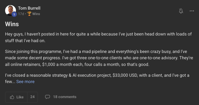 Tom posting his wins in the Seven Figure Creators community, three $1K/mo clients and a $33K project since joining