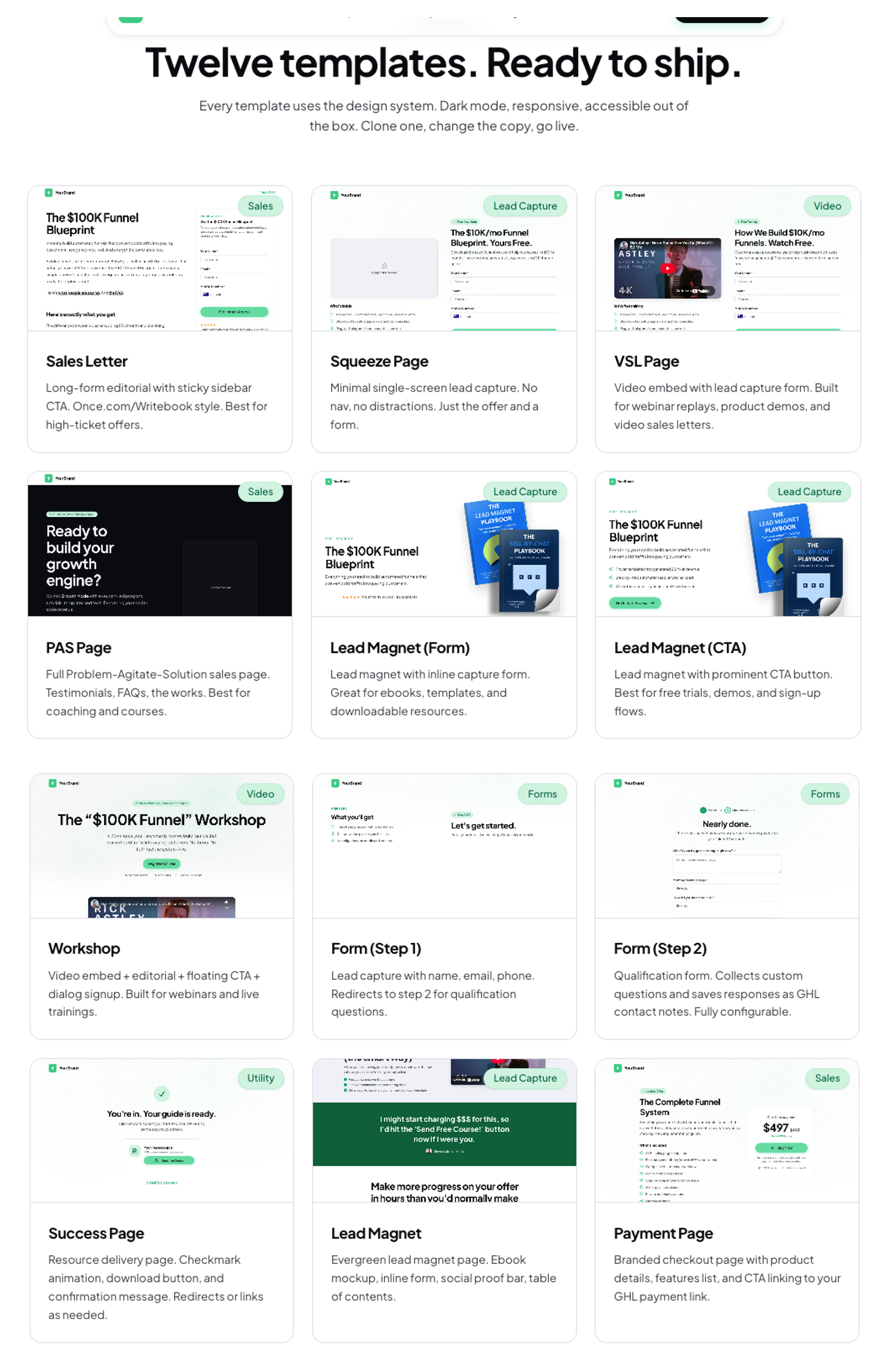 The 12 Damn Good Funnels templates: Sales Letter, Squeeze, VSL, PAS, Lead Magnets, Workshop, multi-step Forms, Success and Payment pages